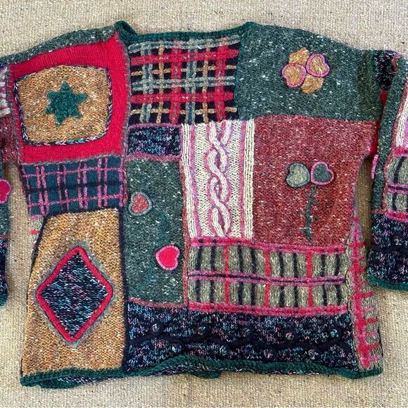 Vtg 90s Y2K Express Chunky Cardi Sweater Patchwork Wool Angora Blend Sz M Boho - Picture 2 of 11